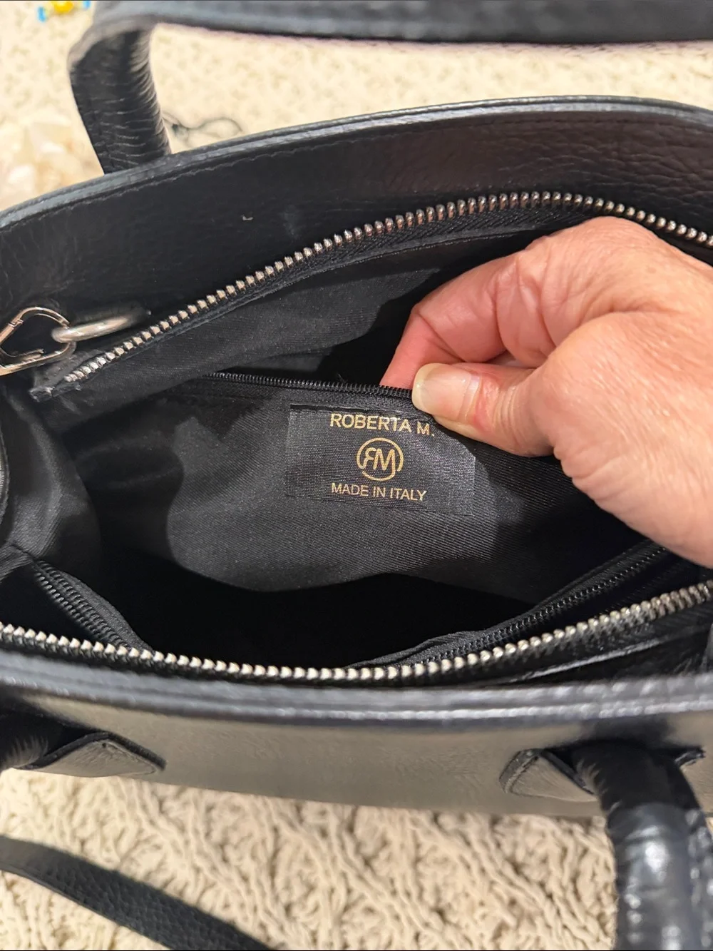 Roberta M Black Leather Top-Handle Bag with long strap for crossbody
